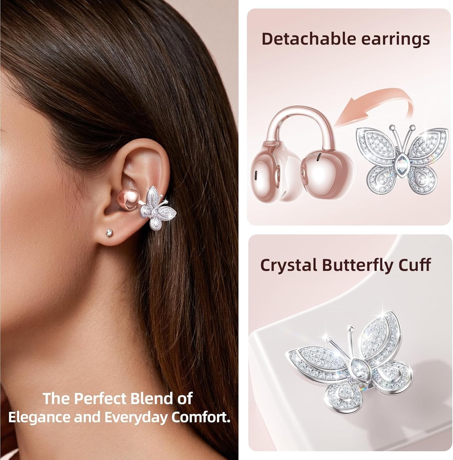 Elegant Rose Gold Open-Ear Earbuds with Butterfly Earrings – Gift-Ready Design
