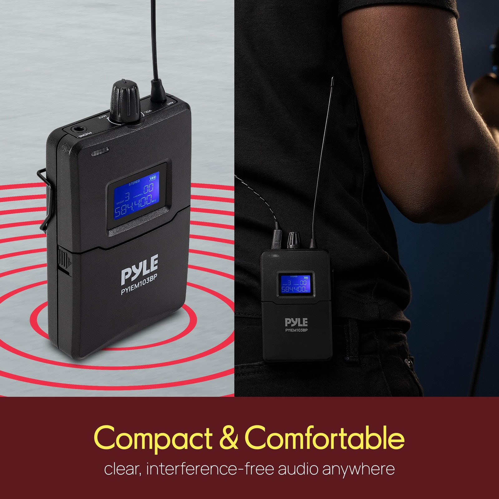 Pyle Wireless in-Ear Monitor System – Pro Base Station + 1 Body Pack, Black