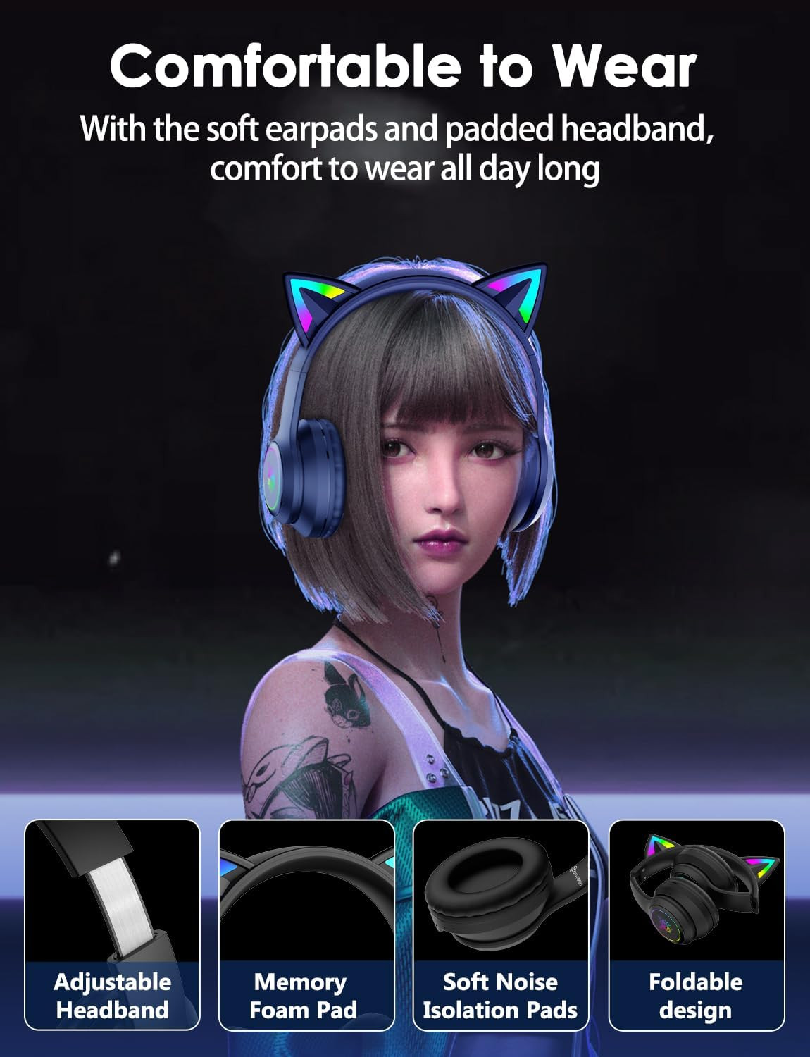 Cat Ear Bluetooth Headphones for Kids & Adults, 55H Play Time, Wireless