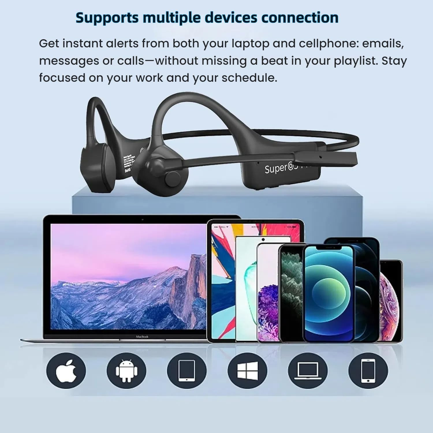 Bone Conduction Headphones with Boom Mic Bluetooth Open Ear Wireless Computer He