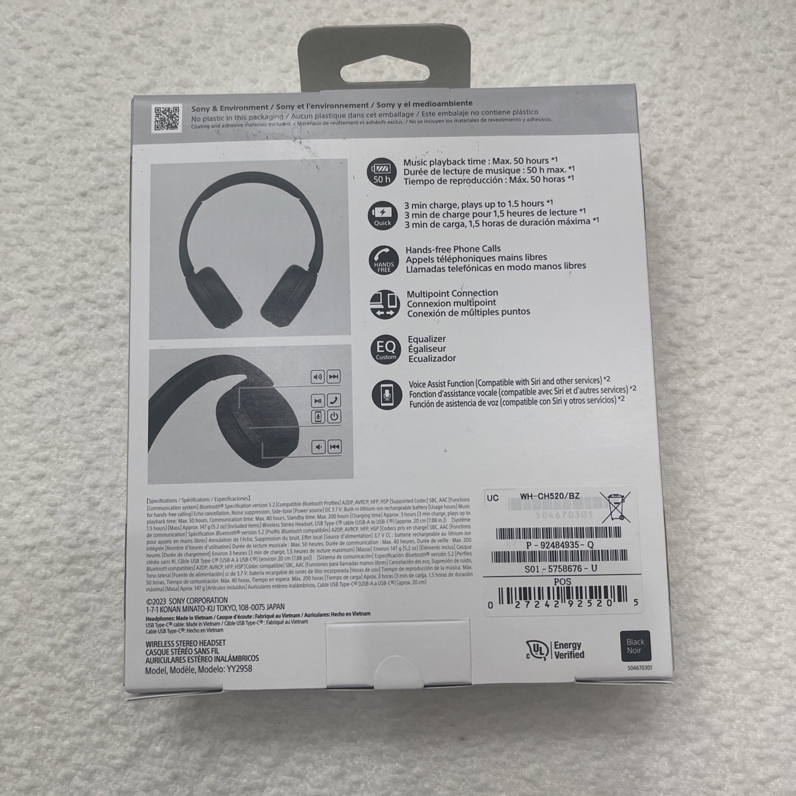 SONY WH-CH520 Wireless Headphones Bluetooth Headset with Microphone CH520 -Black