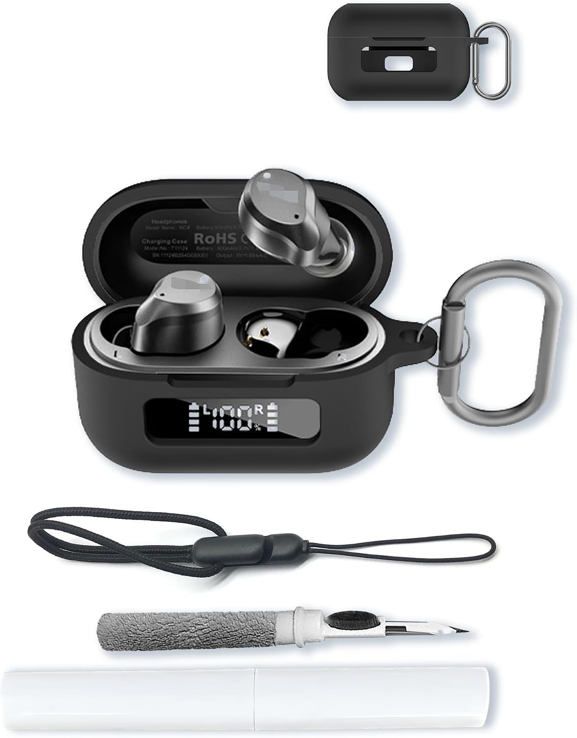 Black Silicone Case for TOZO NC9 Earbuds with Keychain & Accessories