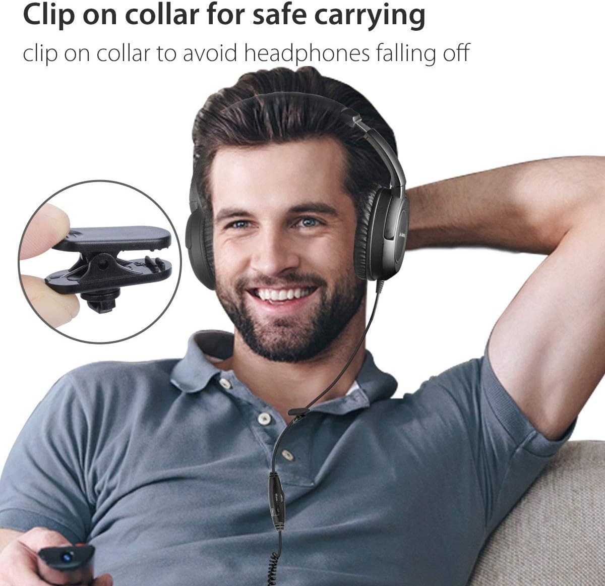 Durable Coiled Headphones with Clip, Volume Control & Deep Bass Experience
