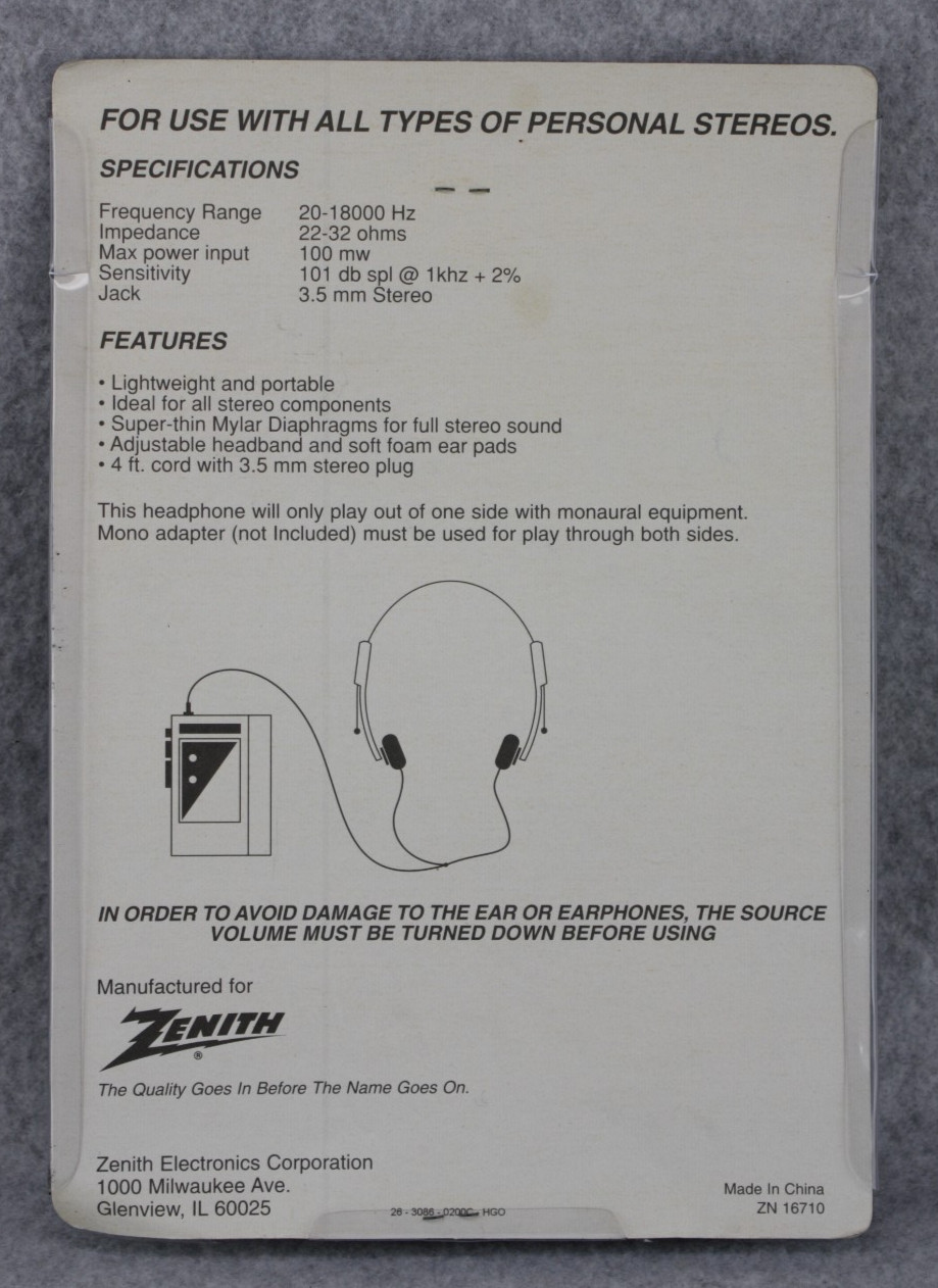 Vintage NOS Zenith Stereo Head Phones 3.5 mm 4Ft Cord Lightweight 80’s FREE SHIP