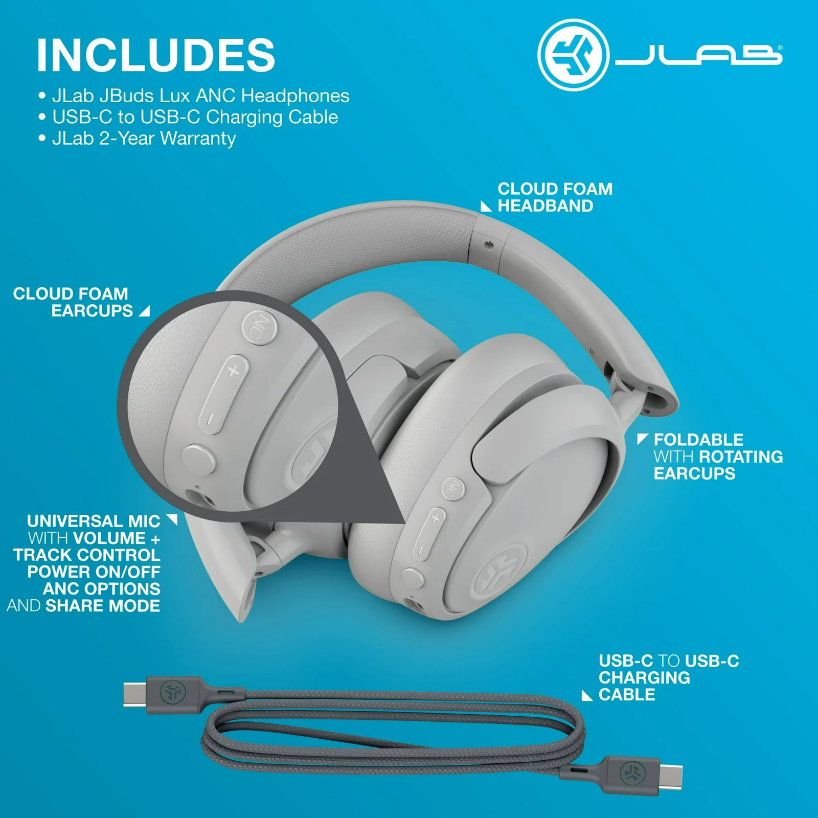 JLab JBuds Lux ANC Over-Ear Wireless Headphones, 70-Hour Battery – Cloud White