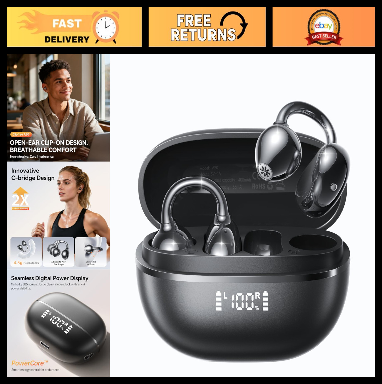 Open-Ear Bluetooth Earbuds, Clip-On Design, 45H Playtime, IP55 Waterproof, Premi