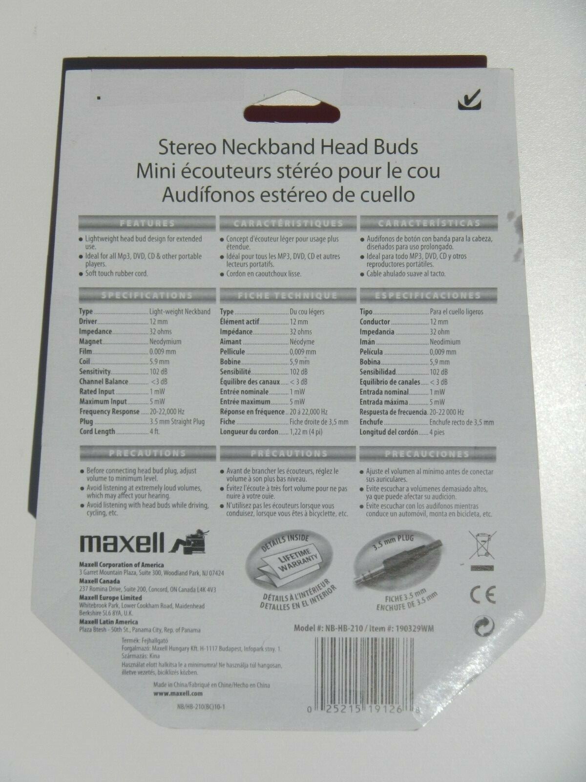 Maxell NB-HB-210 Stereo Neckband Sport Head Buds w/ Single Wire Cord