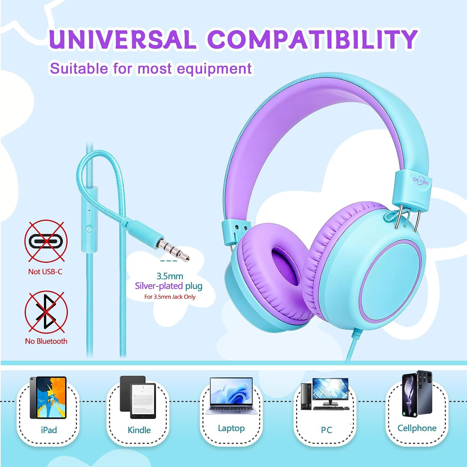Olyre Kids Headphones, Toddler Headphones with Cord for School Plane Travel, Lig