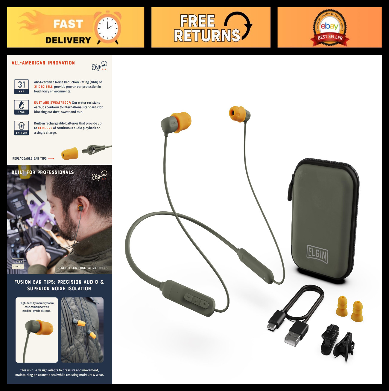 Bluetooth Noise Isolation Earbuds, OSHA Compliant Wireless Headphones, 31dB NRR,