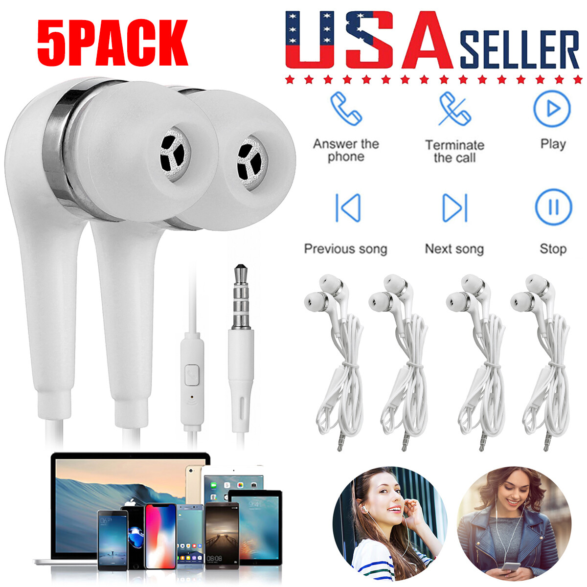 5 PACK 3.5mm Headphones Earbuds Earphones Headset For Samsung Cell Phone W/Mic