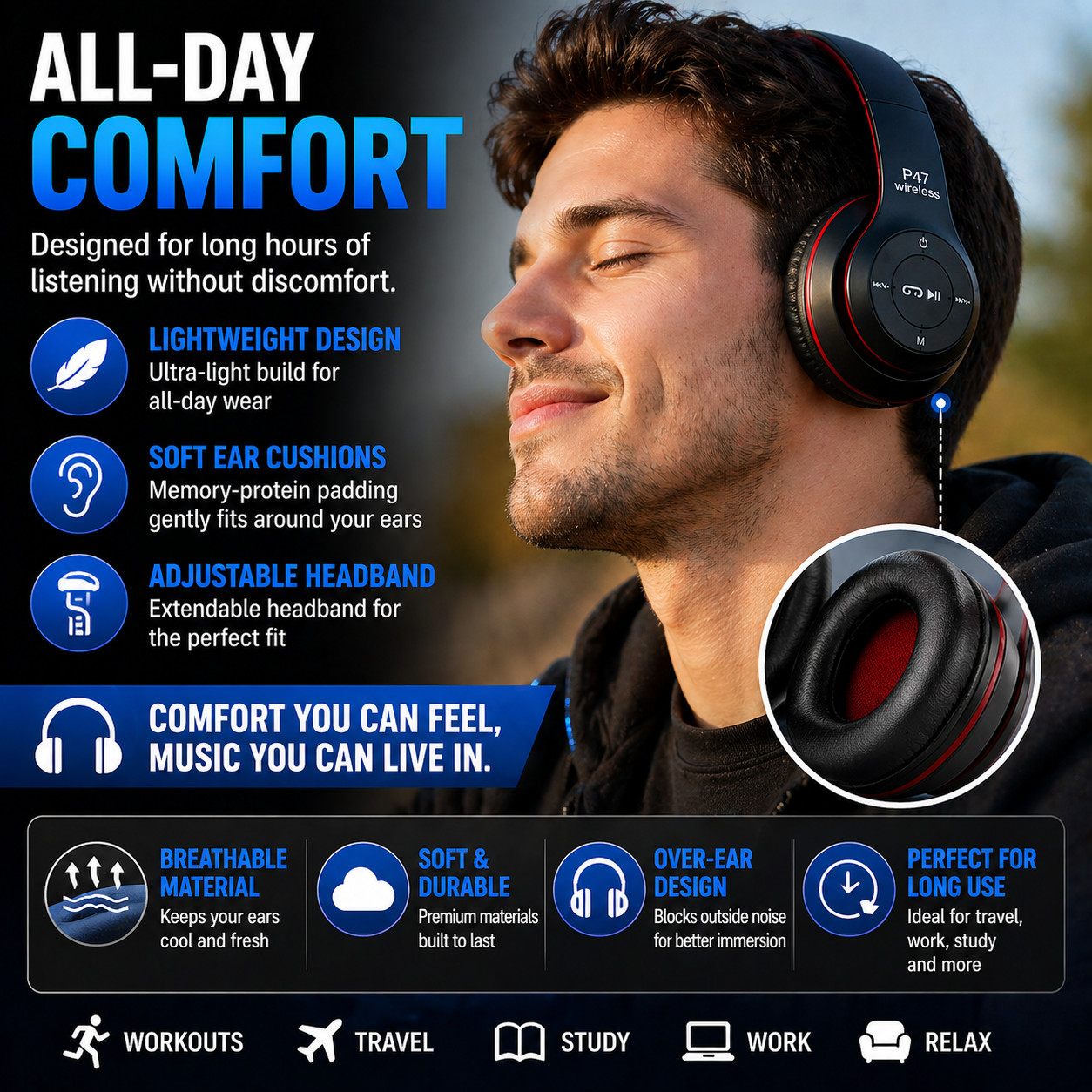 Bluetooth Headphones Wireless Over Ear Foldable 48H Battery FM Radio SD Card P47