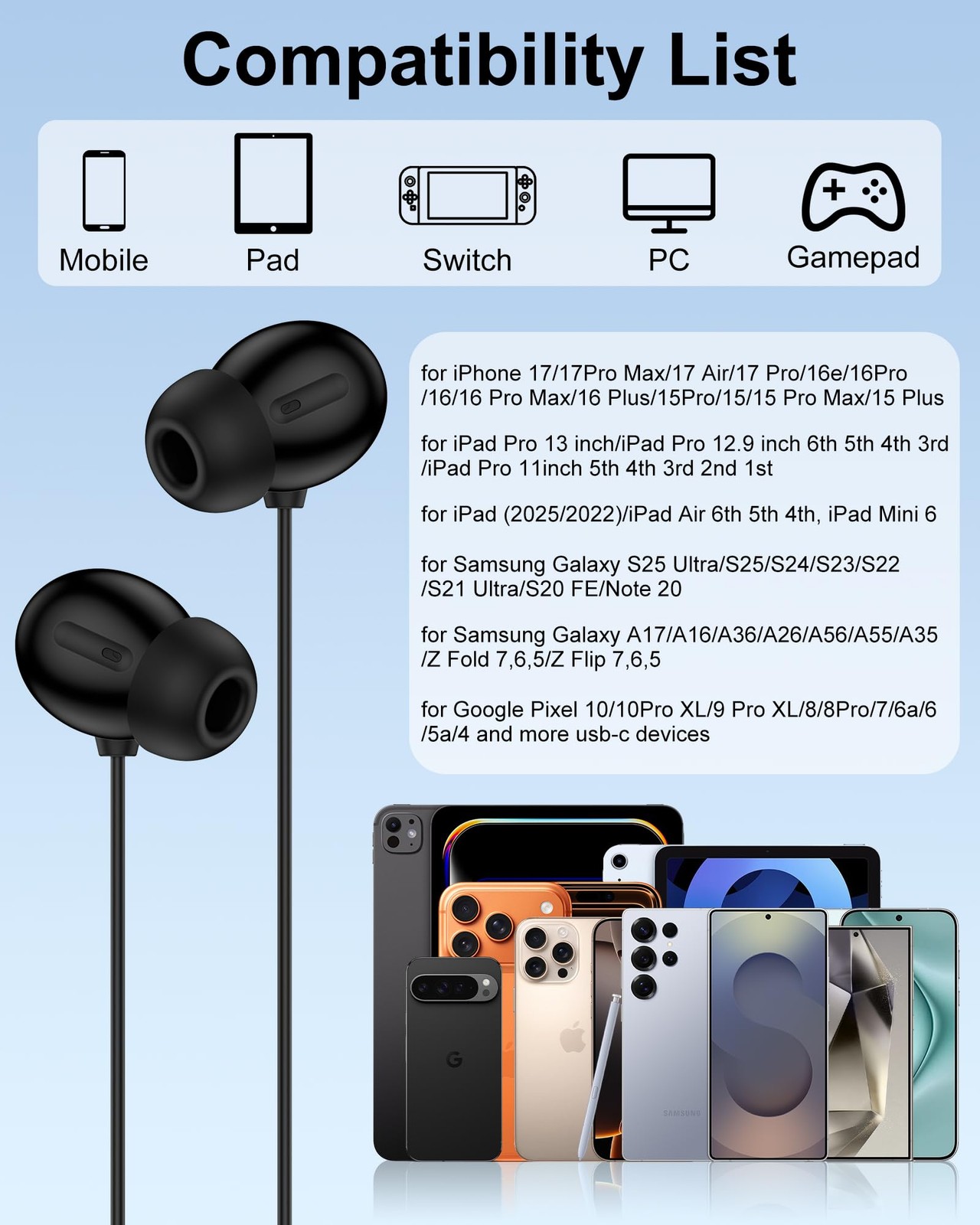 Samsung Earbuds Wired USB C Headphones for Galaxy A56 A16 A17 Black