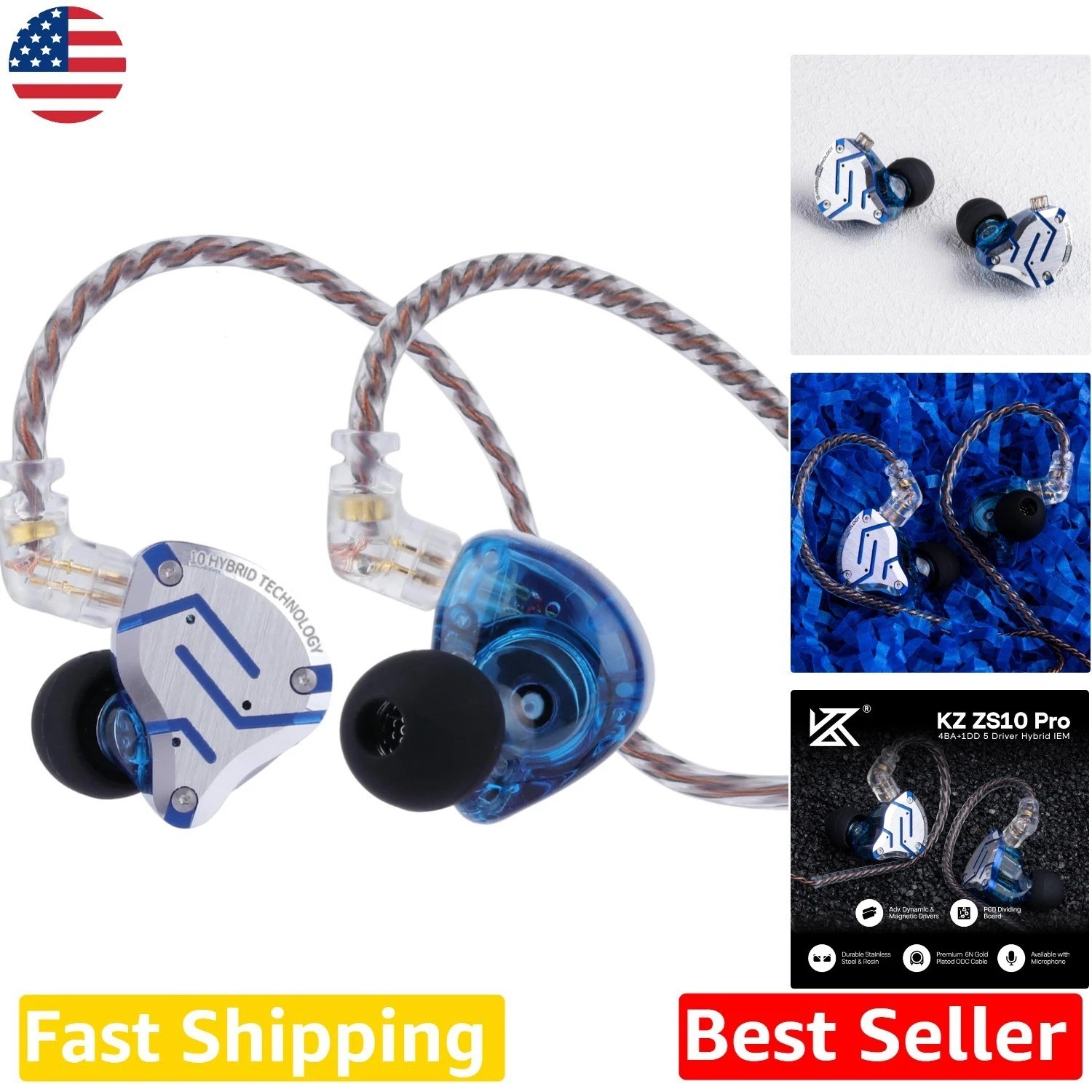KZ ZS10 Pro HiFi IEMs 4BA+1DD Hybrid Earbuds Stainless Steel Glare Blue