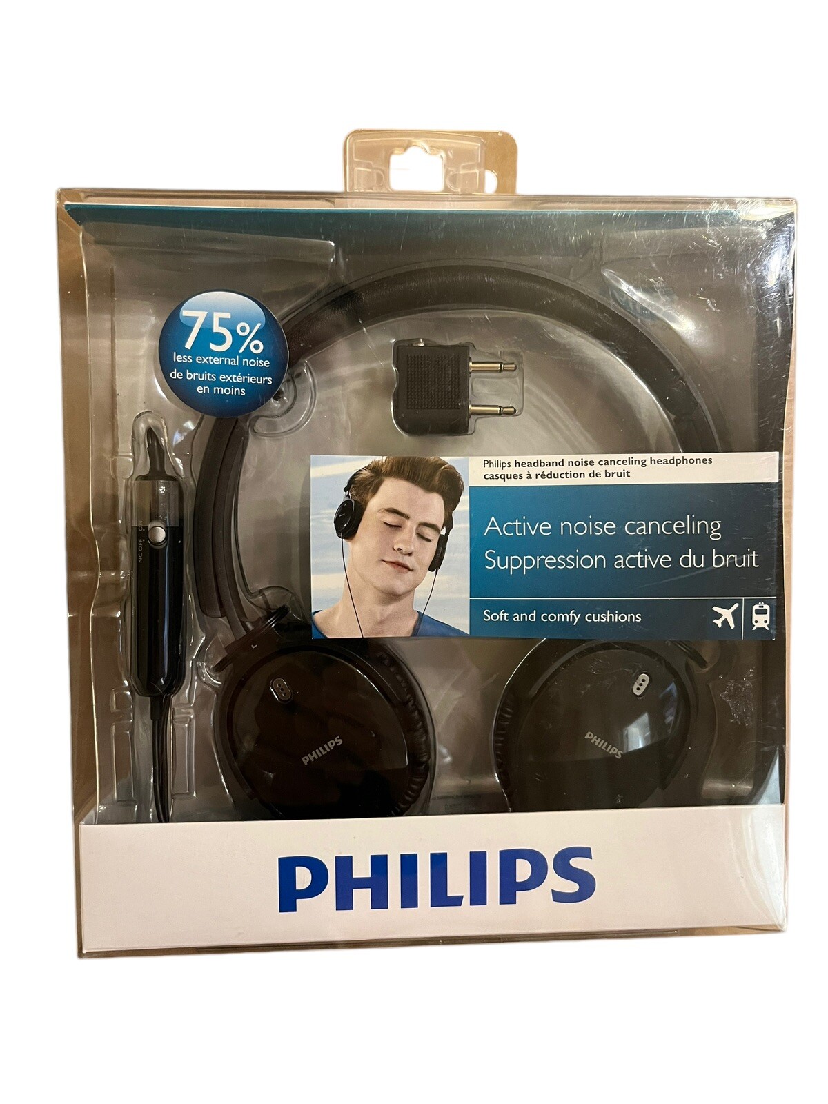 PHILLIPS Wired NOISE CANCELLING Headphones With Airplane Plug Adapters! NEW!!