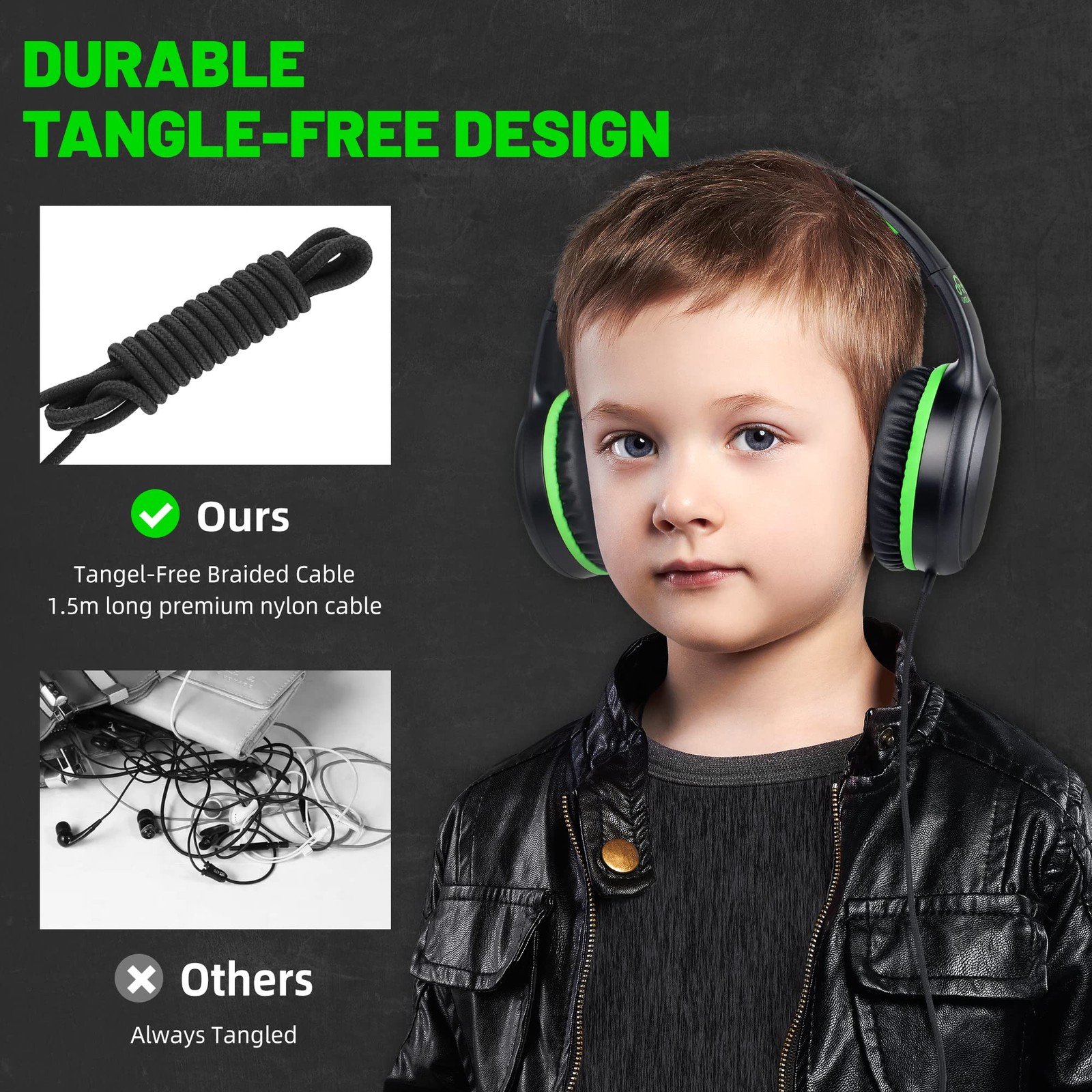 Green Wired Headphones for Boys Portable On Ear Youth Headphones for Airplane…