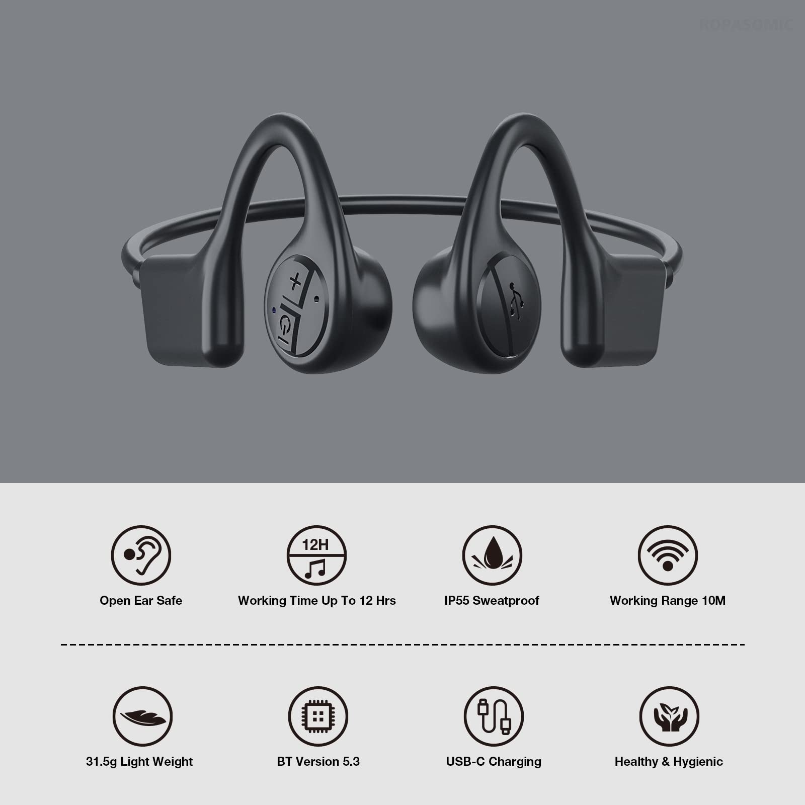 ROPASOMIC Bone Conduction Headphones, 12 Hours Playtime Bluetoeth