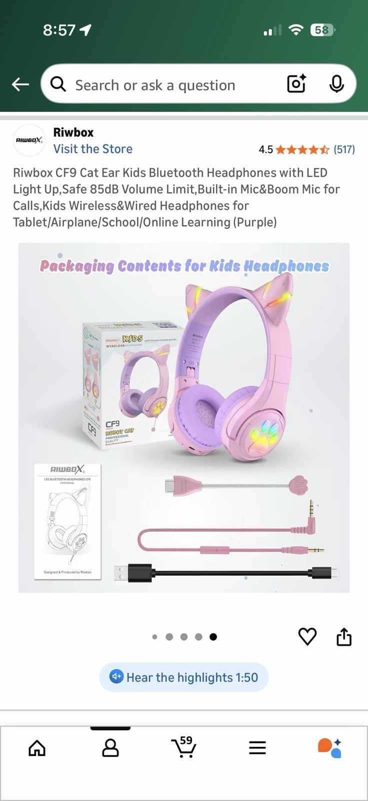Riwbox CF9 Cat Ear Kids Wireless&Wired Headphones for Tablet/Airplane/school
