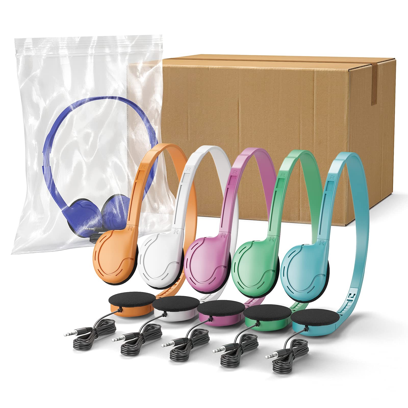 6 PCS Bulk Kids School Headphones 3.5mm Jack Multi Color No Mic Classroom