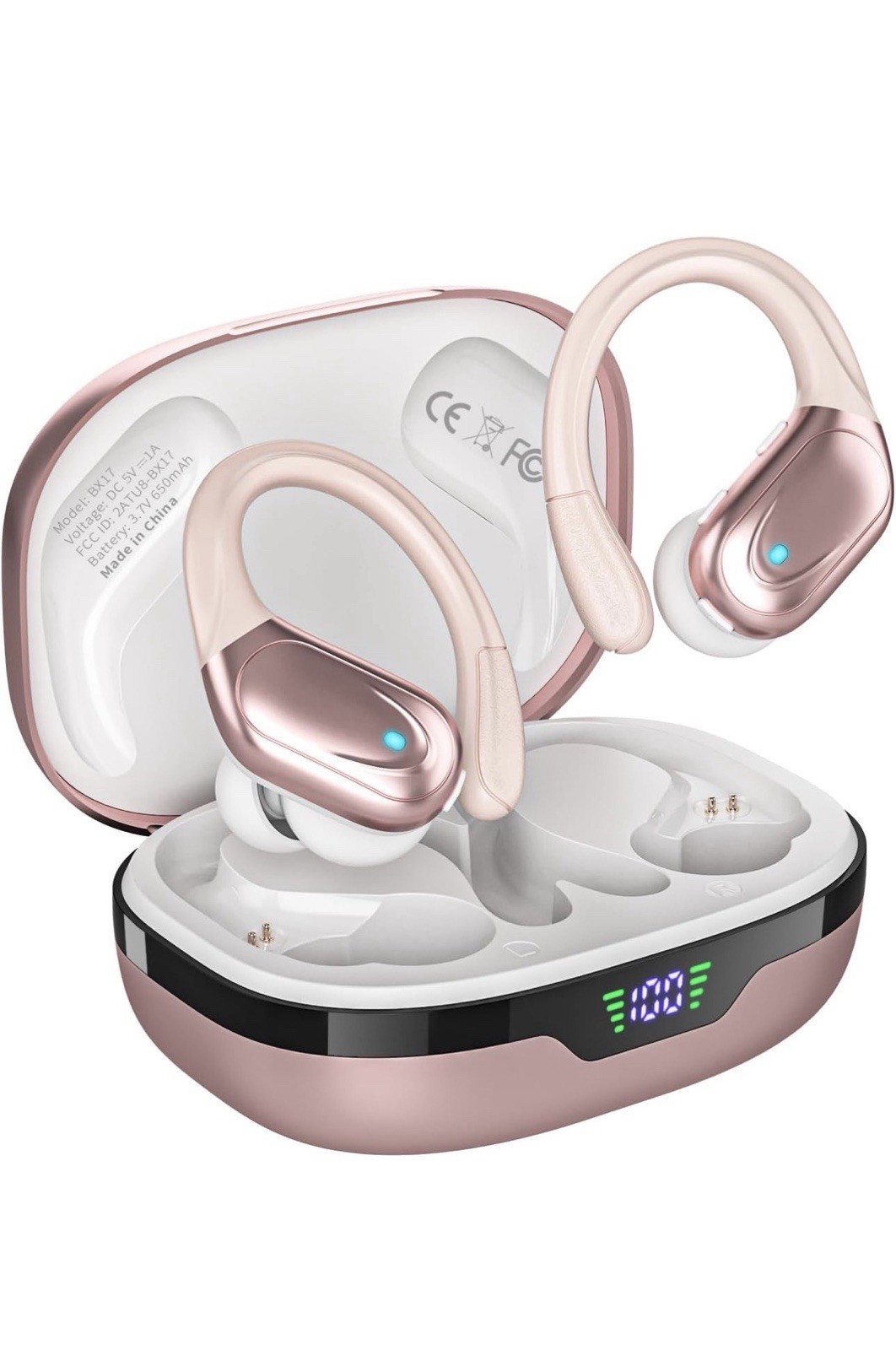BX17 Pink Ear-hook Bluetooth 5.3 Sports Earbuds, LED Display, Water-Resistant