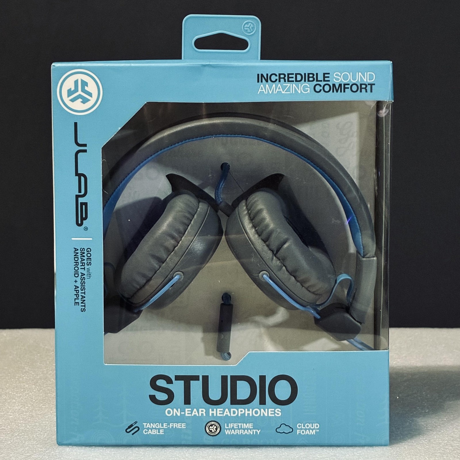 JLab Audio Studio On Ear Headphones Gray/Blue 3.5mm Mic Tangle-Free Wired Stereo