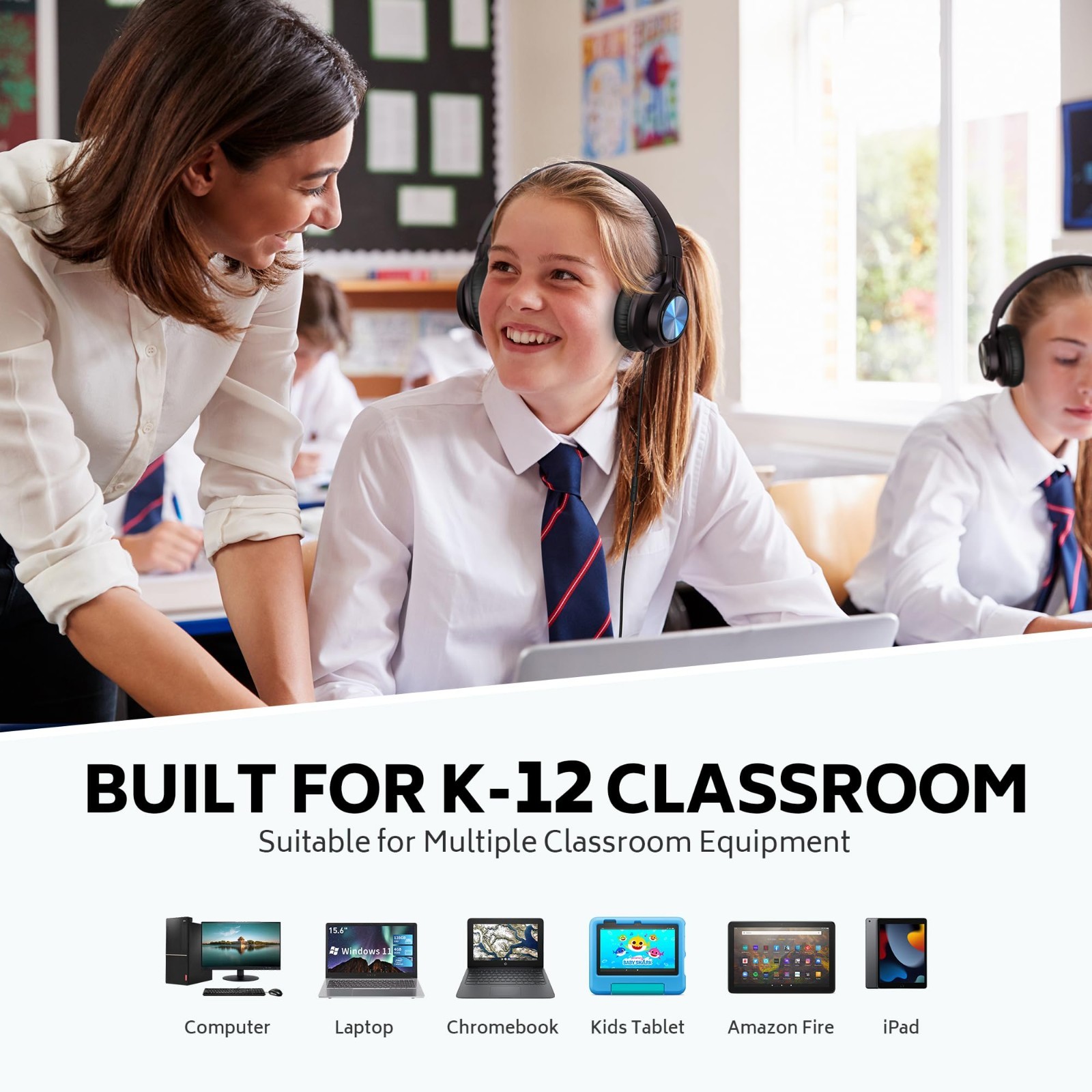 Kids Headphones 6-Pack Wired with Microphone for School, Classroom, Laptop – Adj
