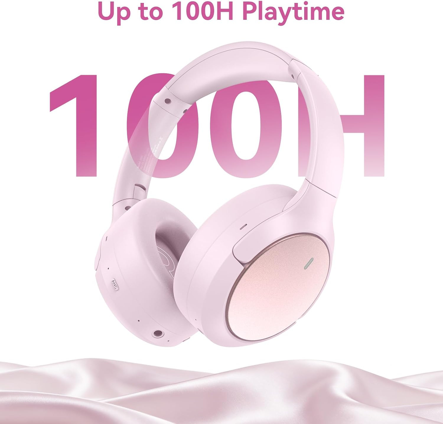 Pink Hybrid ANC Wireless Headphones – 100H Playtime, Hi-Res Audio, Travel-Friend