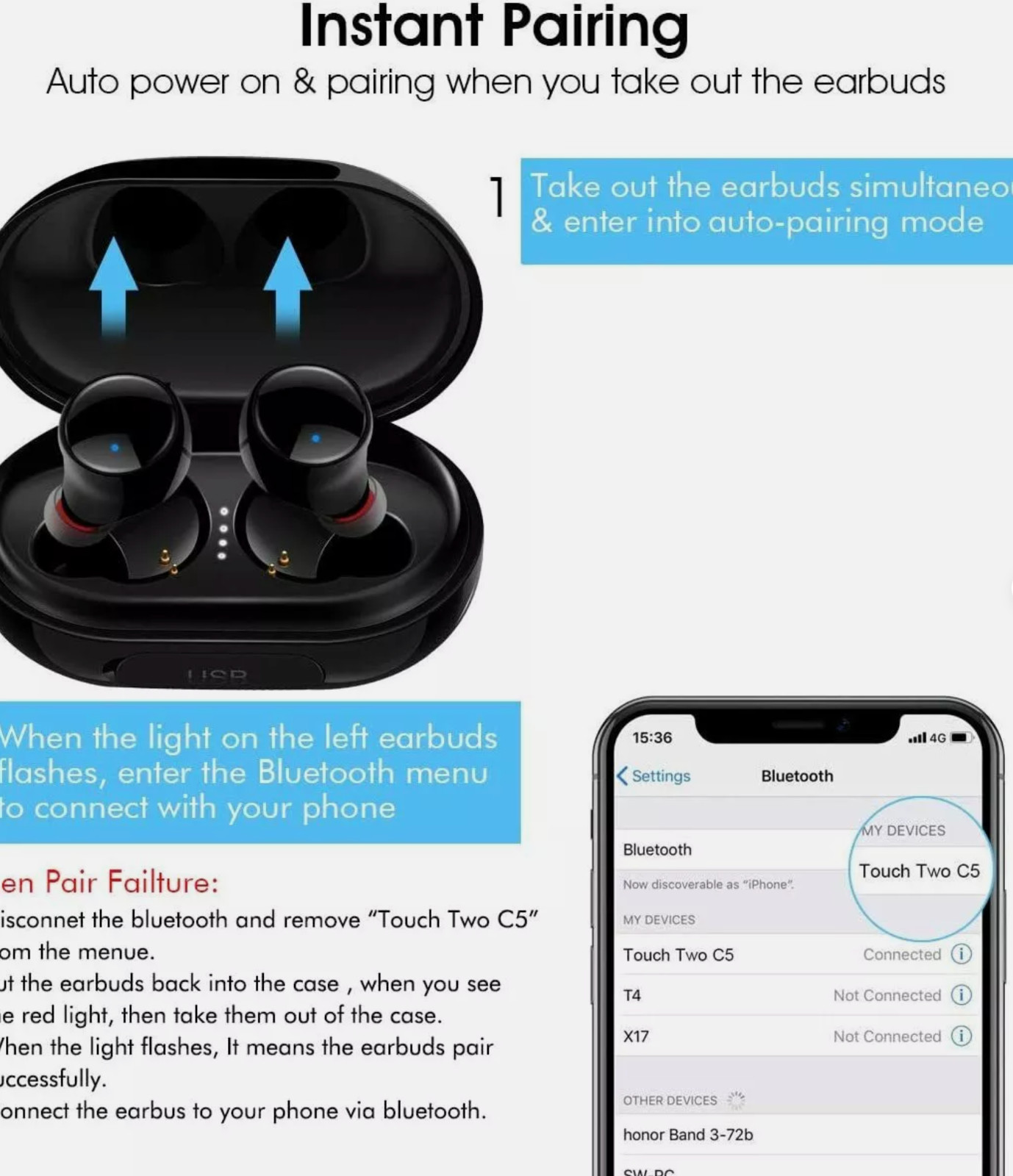 Wireless Earbuds Bluetooth 5.0 Touch Control True Wireless Earbuds with 3500mAh