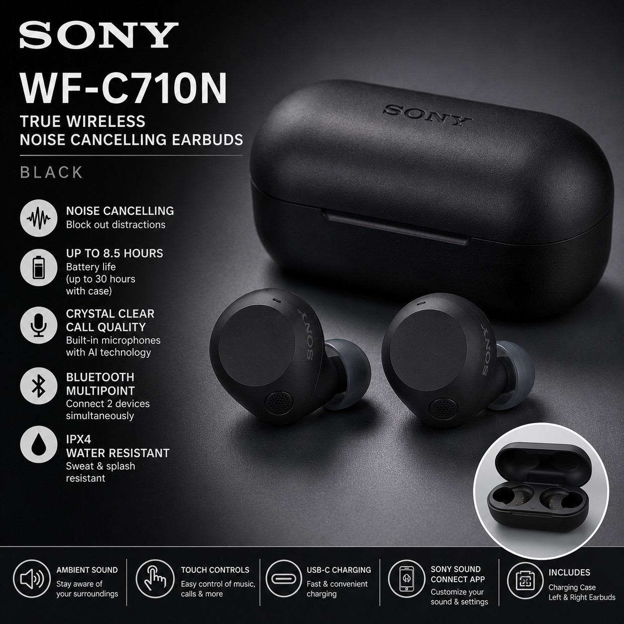 Sony WF-C710N True Wireless Noise Canceling Earbuds Black Tested Clean