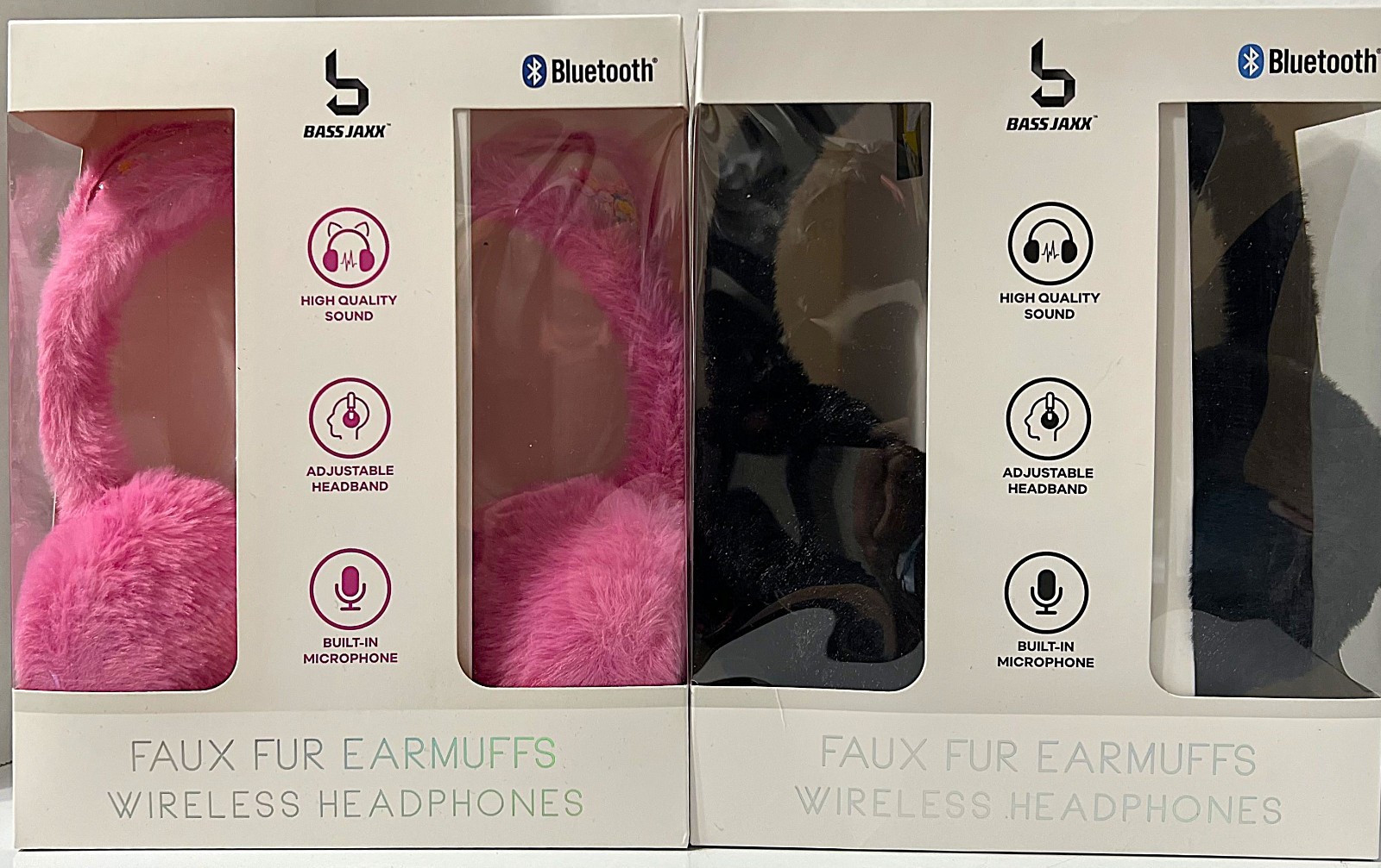 Lot of 2 Bass Jaxx Pink Cat Ears & Black Faux Fur Bluetooth Earmuffs Headphones