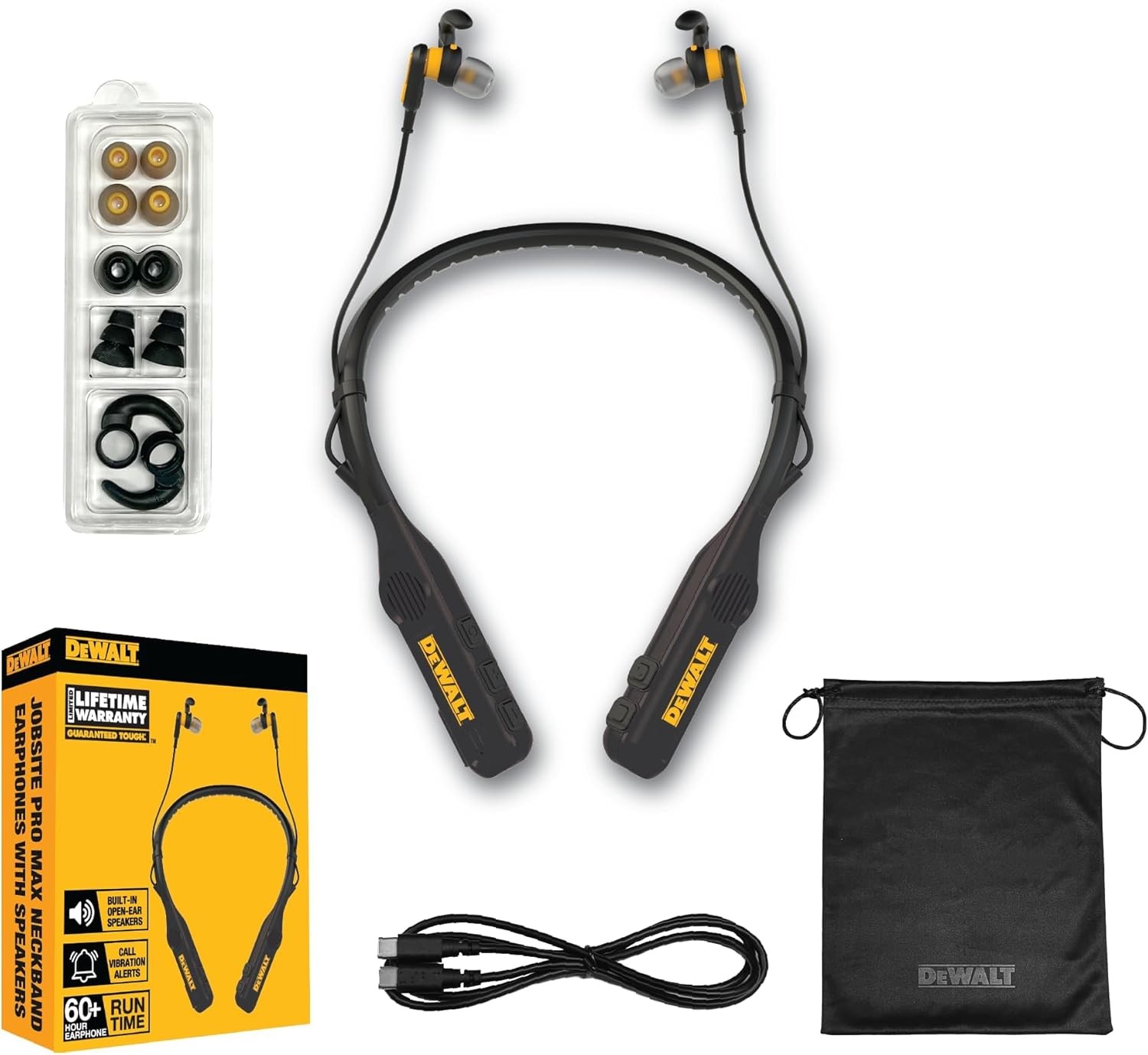DEWALT Heavy Duty Black Edition 2-In-1 Neckband Bluetooth Headphones W/Built-In
