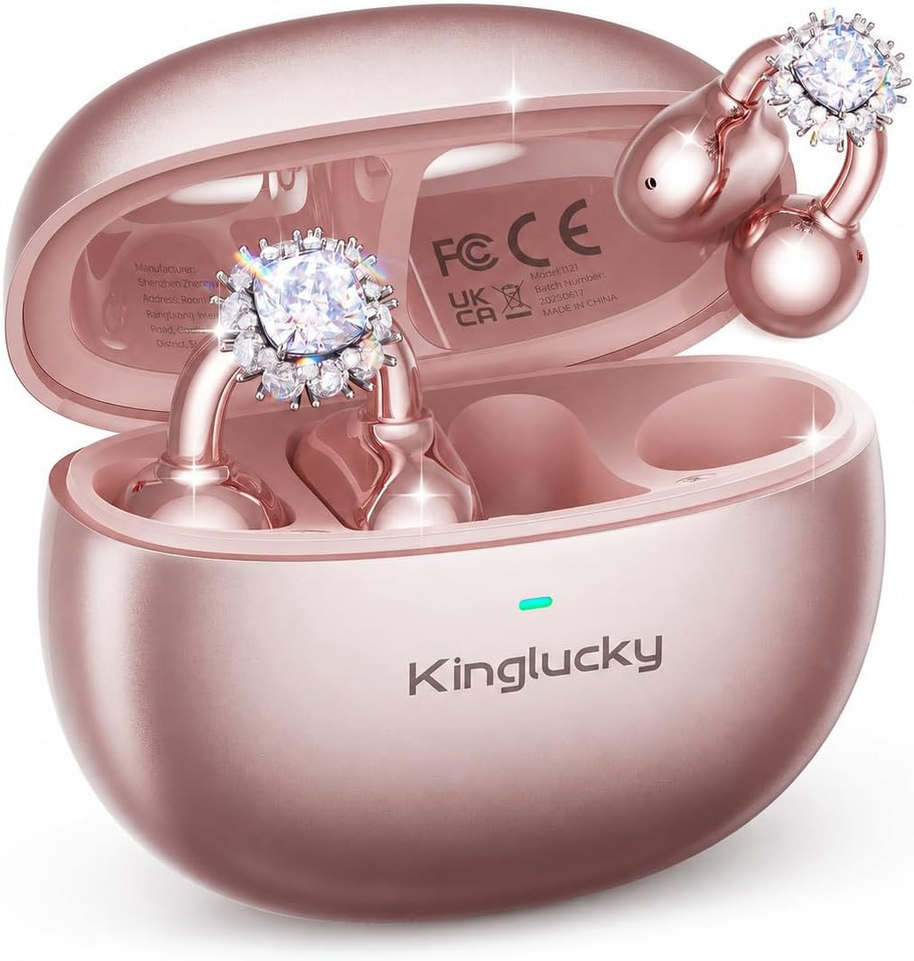 Rose Gold Bluetooth 5.4 Open Ear Earbuds with Detachable Diamond Earrings