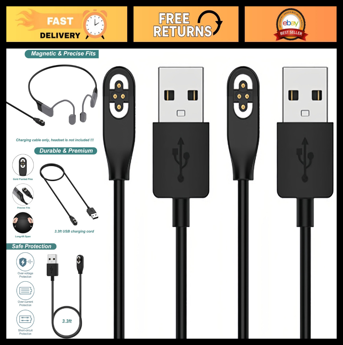 Magnetic Charging Cable for OpenSwim Pro S710, 3.3ft/1m, Bone Conduction Headpho
