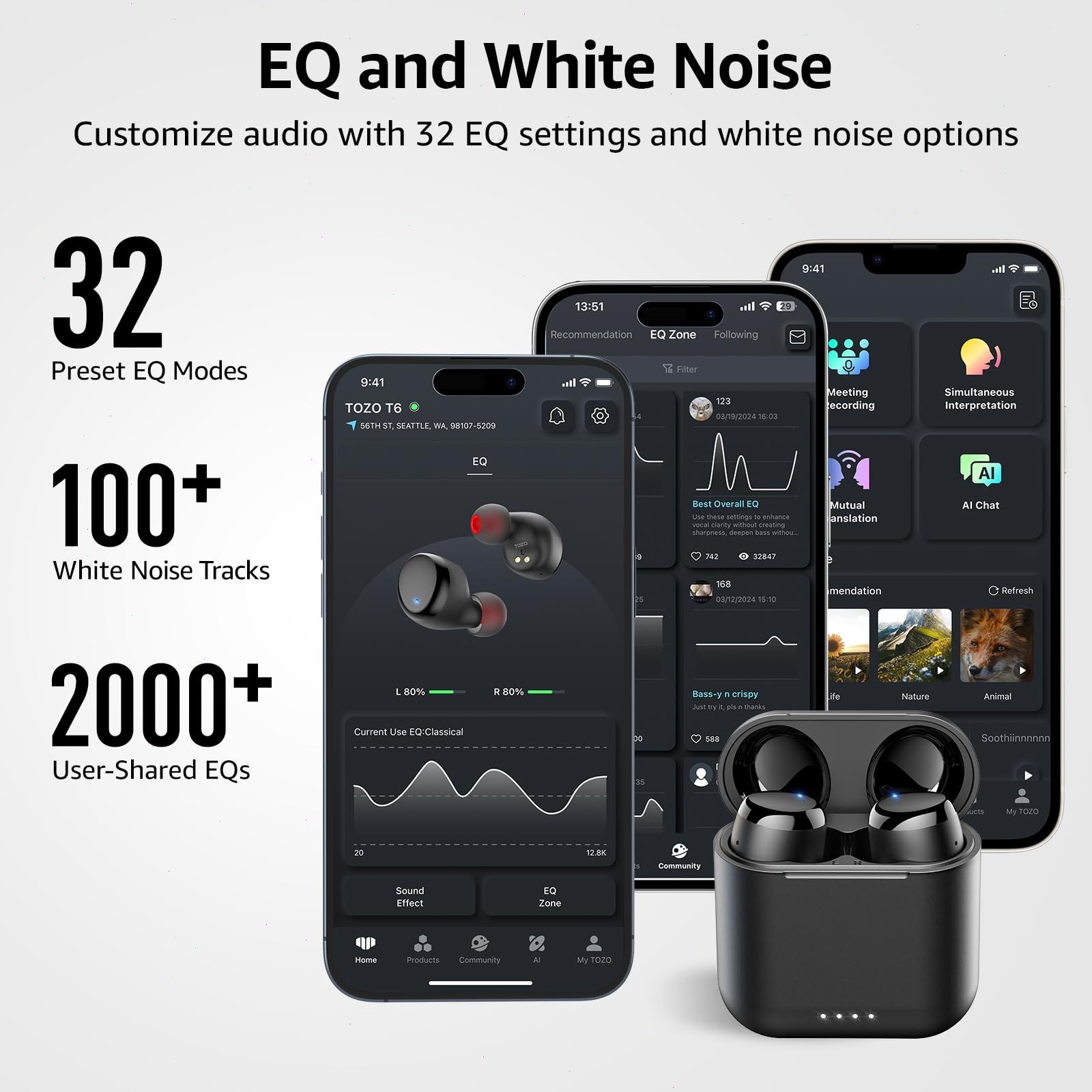 TOZO T6 Wireless Earbuds Bluetooth Stereo In-Ear Headphones, Black (Renew)