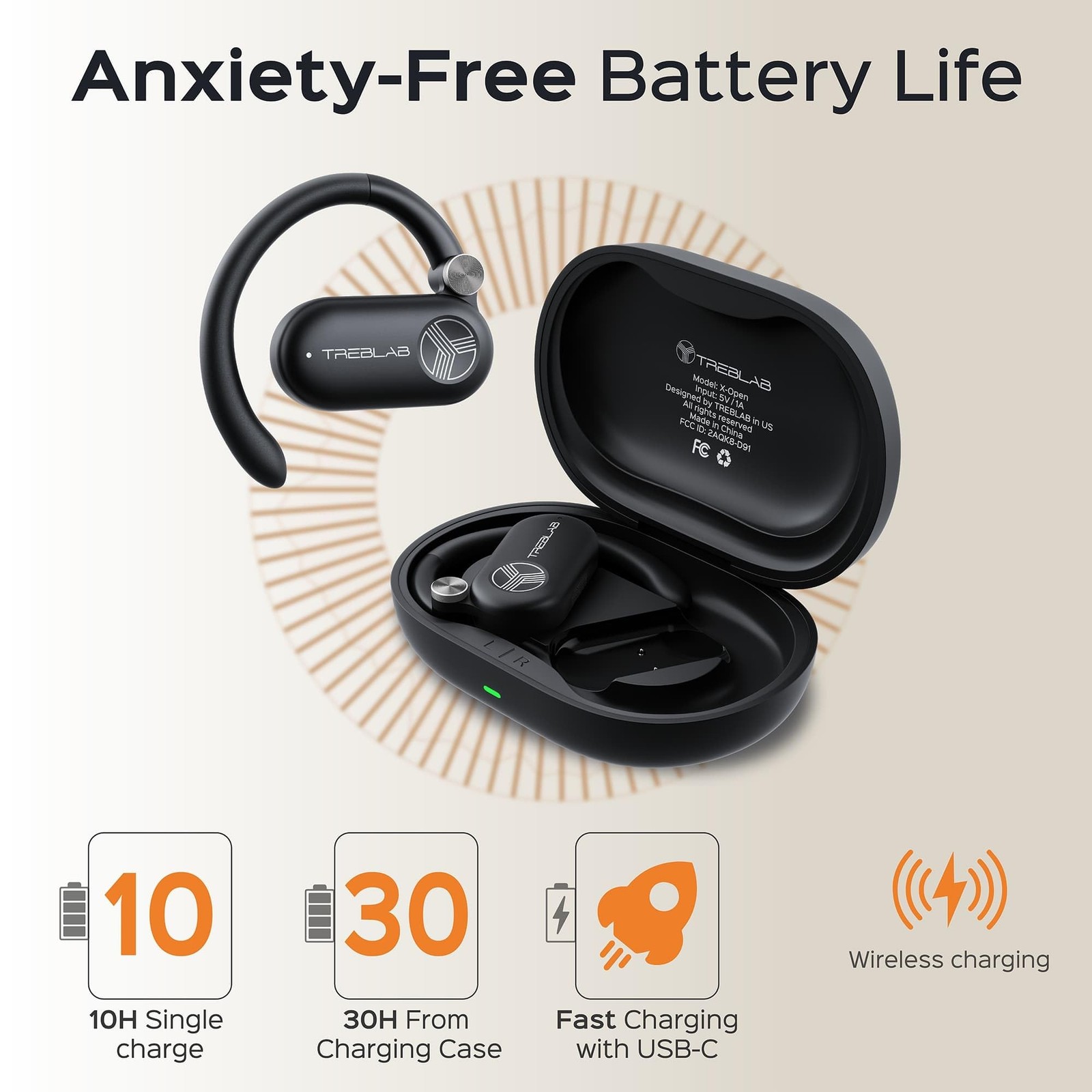 TREBLAB X-Open – True Open Ear Wireless Earbuds, Lightweight, 40H Playtime