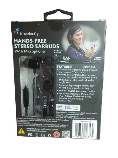 Travelocity Platinum Series Hands-Free Stereo Earbuds with Microphone – Black