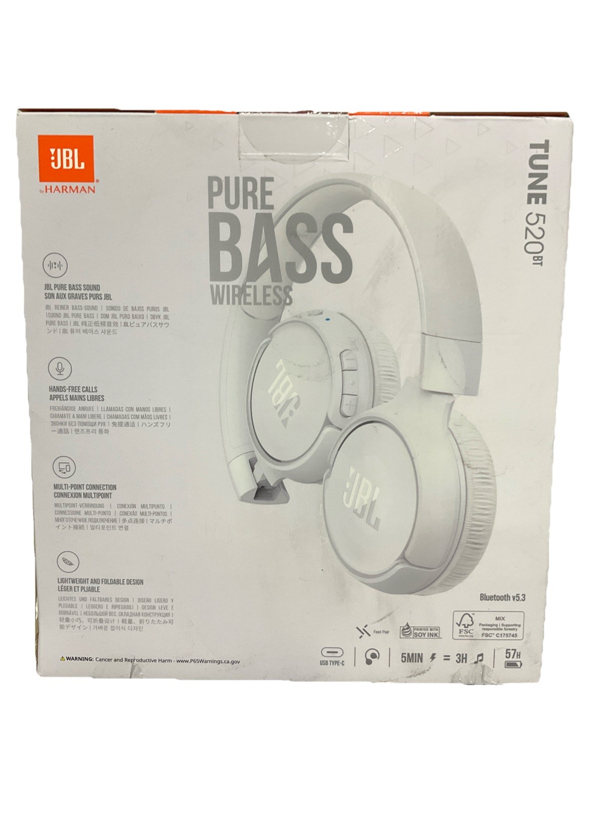 White JBL Tune 520BT Bluetooth Wireless On-Ear Headphones