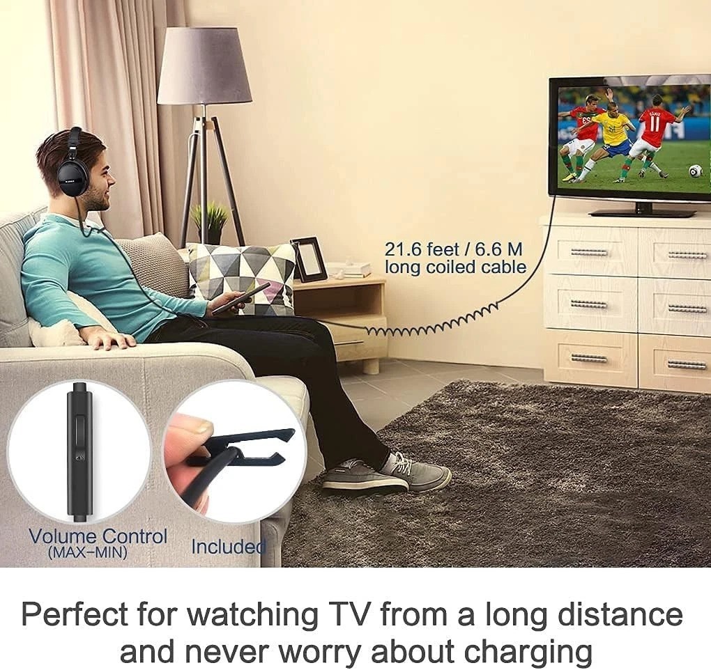Long Cord TV Headphones with Mic, 21.6ft Wired Stereo Over Ear PC Audio