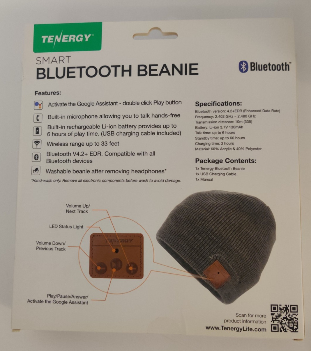 Tenergy Smart Bluetooth Beanie w/ built-in wireless headphones, music, calls NEW
