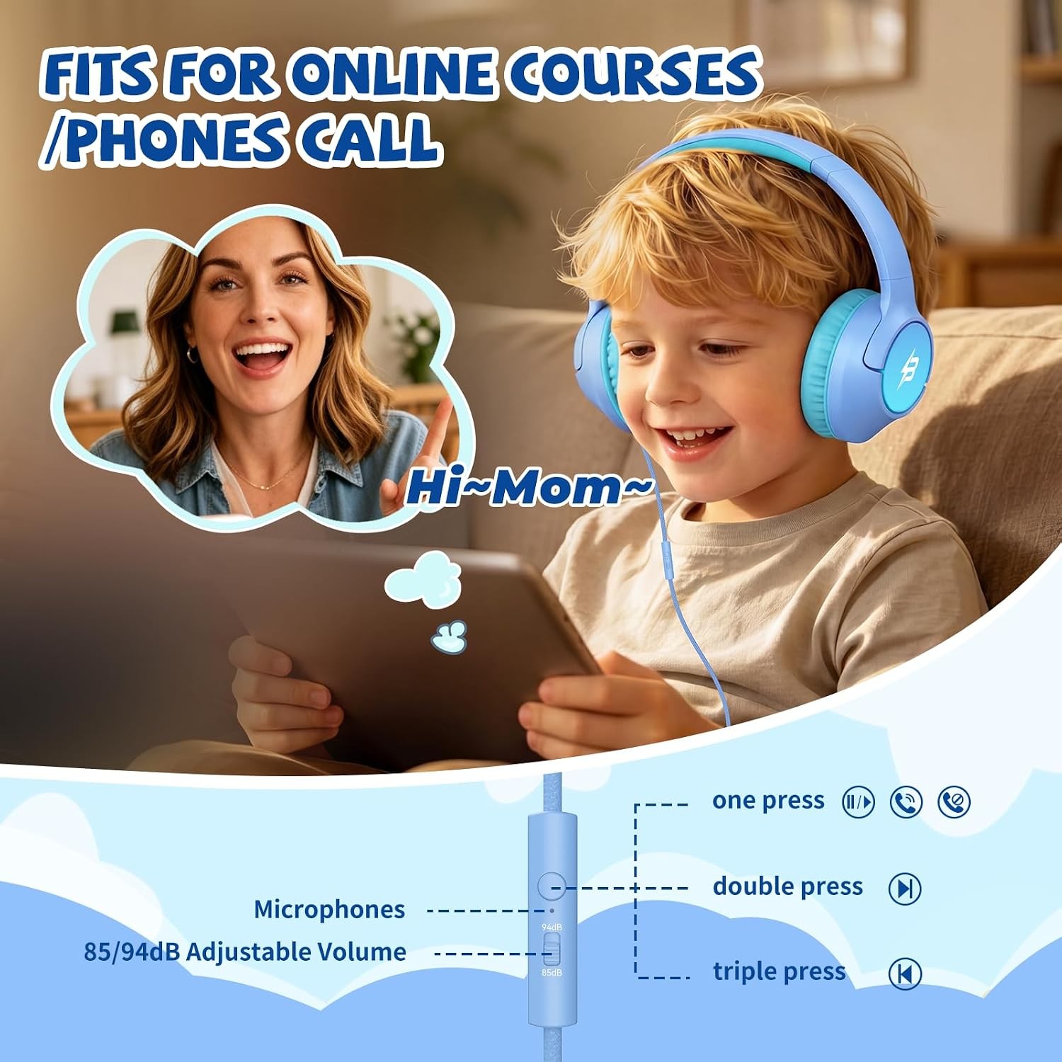 Wired Headphones for Kids for School, 3.5mm Cord 85/94dB Volume, Light Blue | Ov