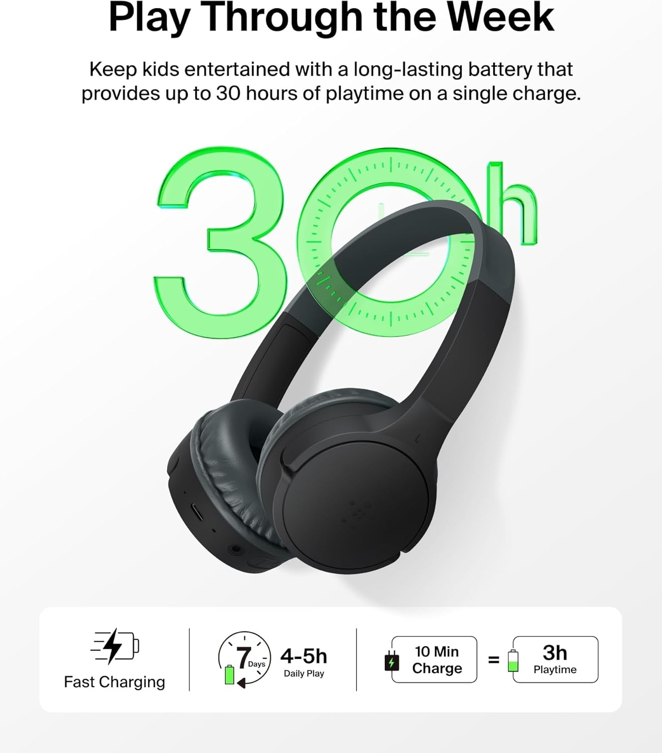 Belkin Wireless Kids Headphones, Volume Safe, 30H Fast Charge, School, Black
