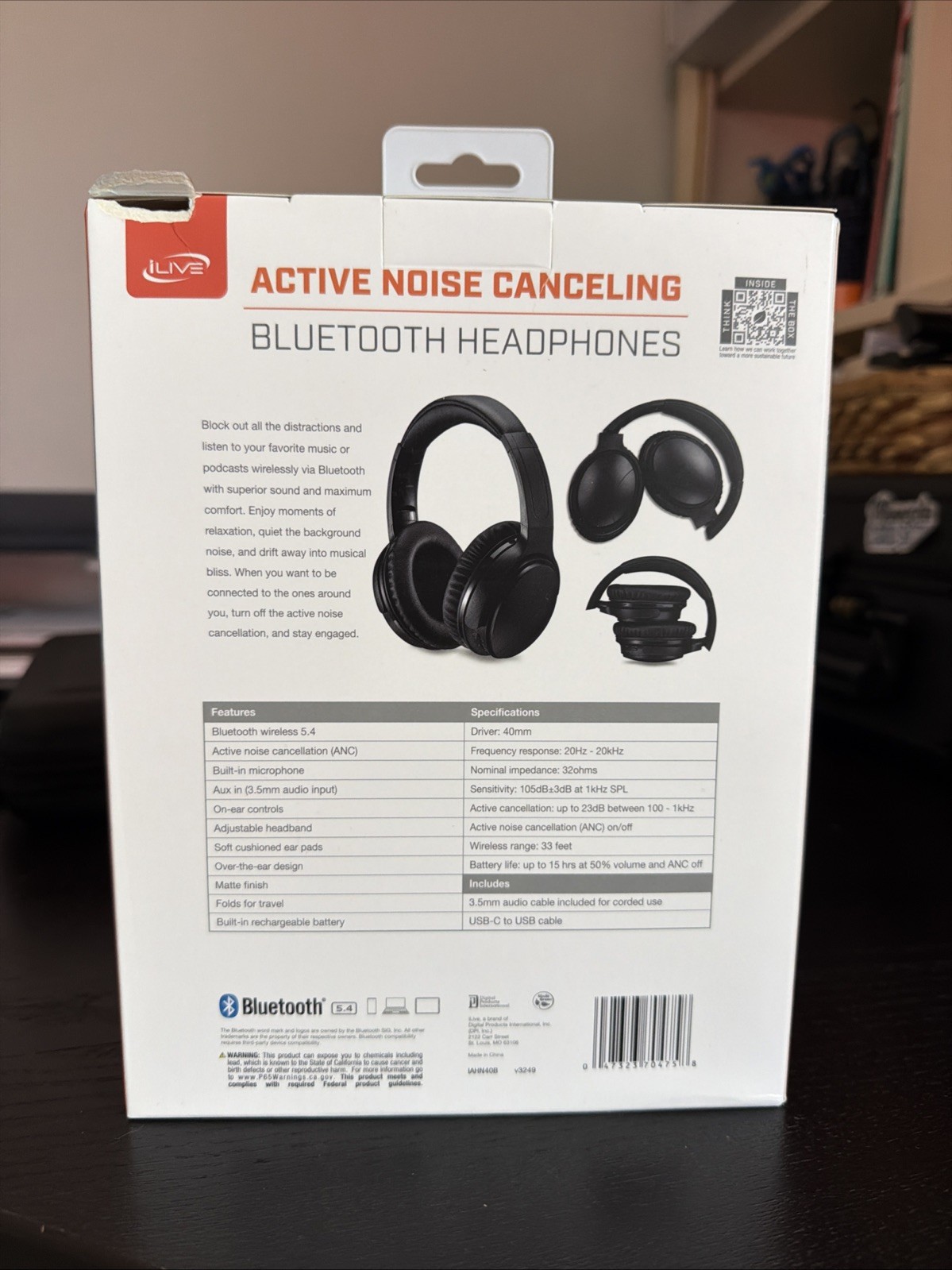 iLive Electronics Active Noise Cancellation Bluetooth Headphones Black