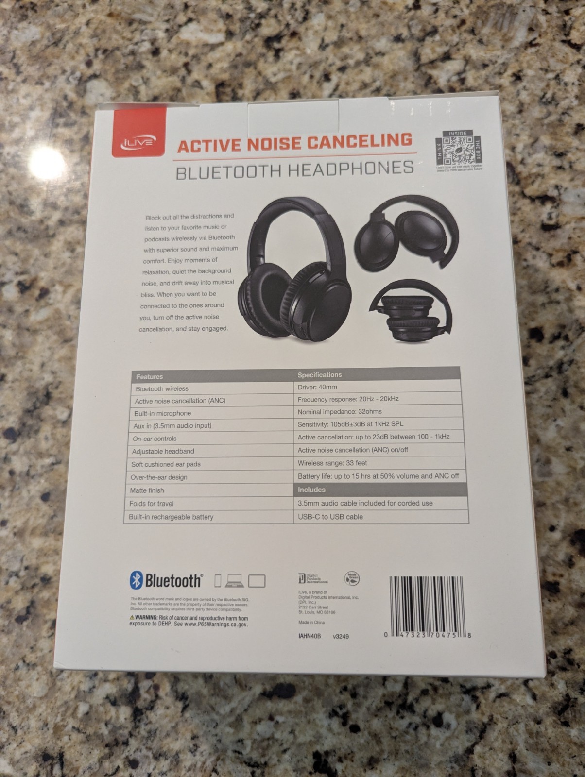 Ilive Active Noise Canceling Bluetooth Hedphones IAHN40B Matte Finish
