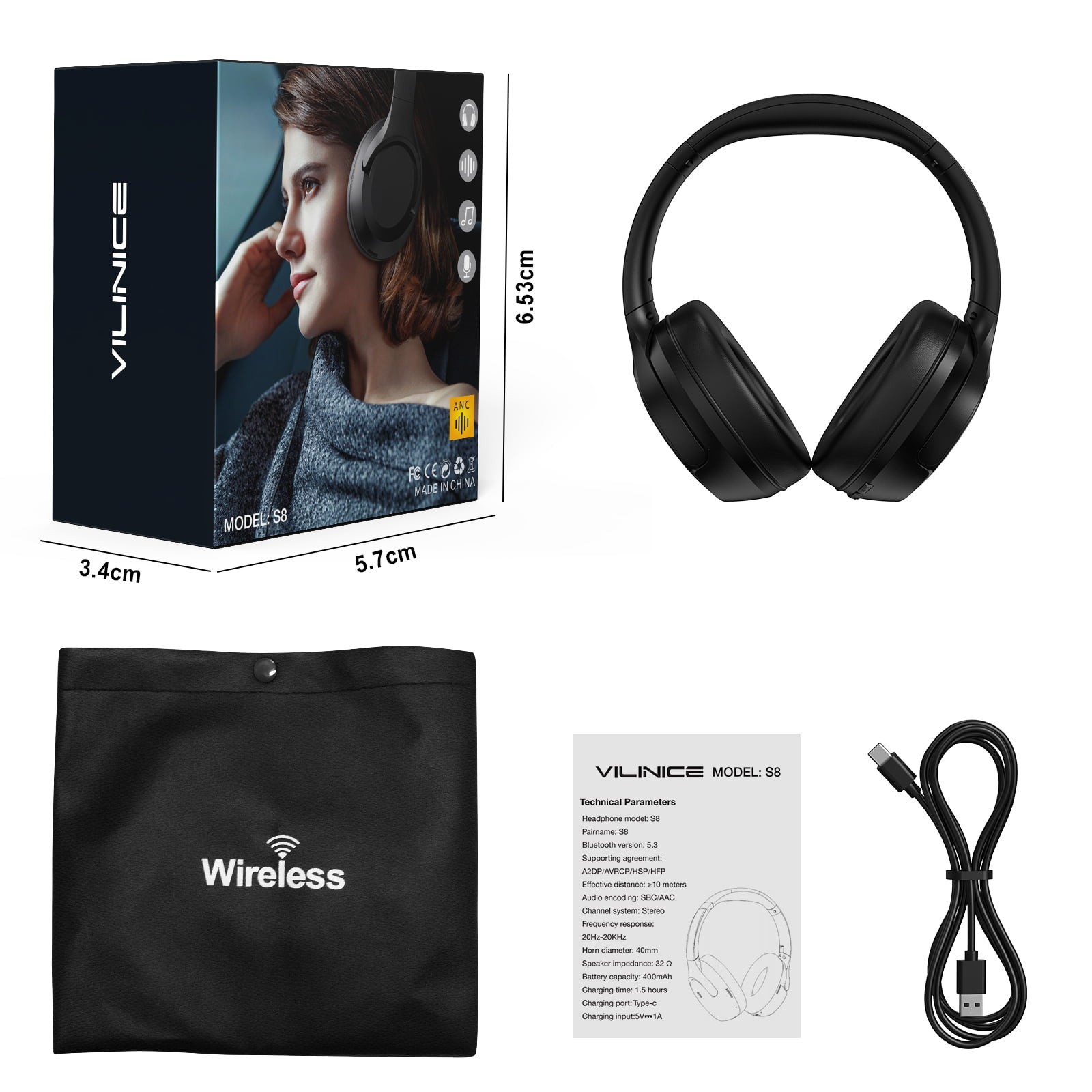 VILINICE Hybrid ANC Headphones Wired Wireless 40mm Stereo Built-in Microphone