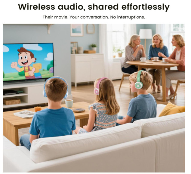 SIMOLIO Multi Share Kids Headphones AuraCast Wireless Headset HD Mic Airplane