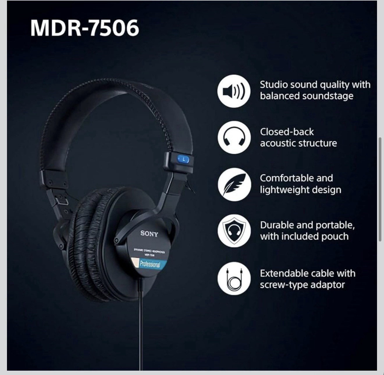 SONY MDR-7506 Stereo Headphones 3.5mm 230g Closed Dynamic Wired