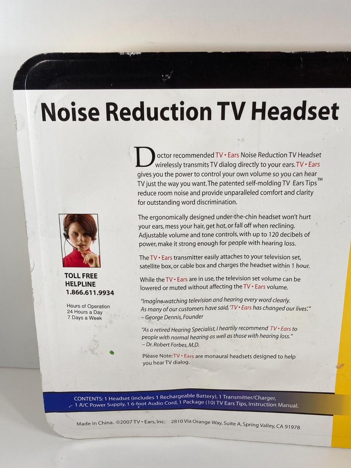 TV Ears Noise Reduction TV Headset Yellow Card Wireless 2.3 Mhz Infrared 195970