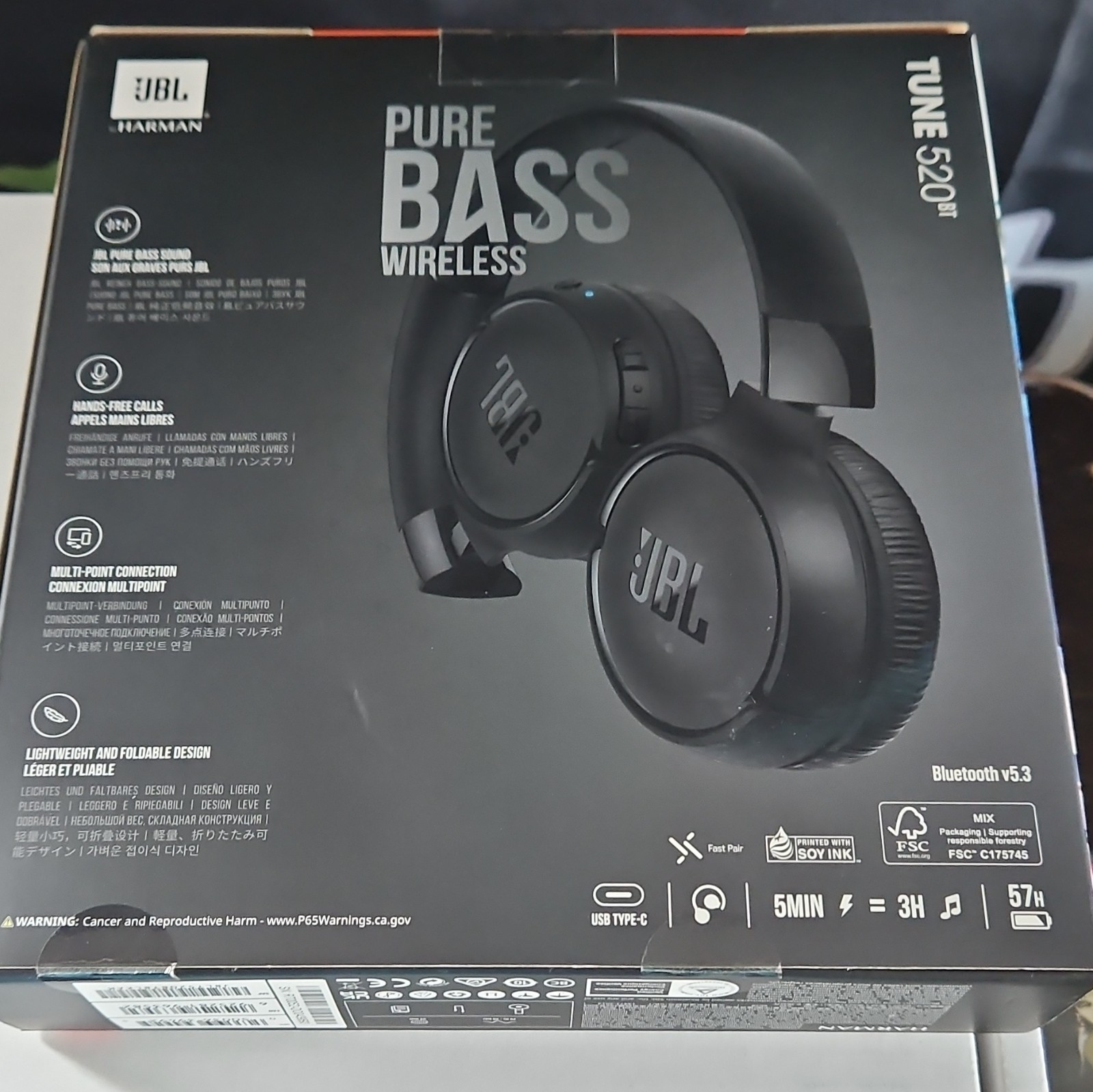JBL Tune 520BT Black Wireless On-Ear Bluetooth USB-C Mic Foldable Multipoint