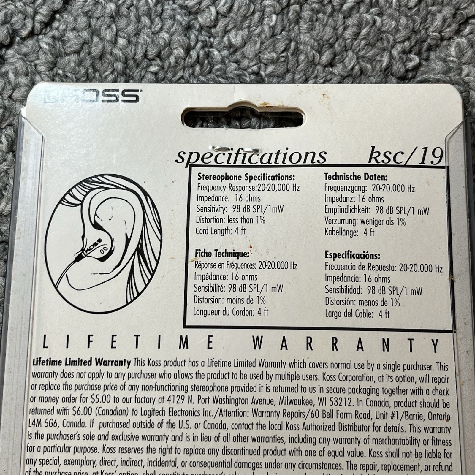 Vintage Koss KSC-19 Stereo Earbuds Sportclip Ear Cushions New Sealed