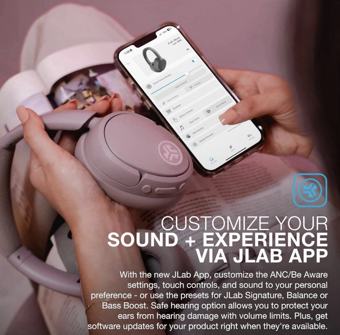 JLab JBuds Lux ANC Wireless Headphones Hybrid Active Noise Cancelling Mauve