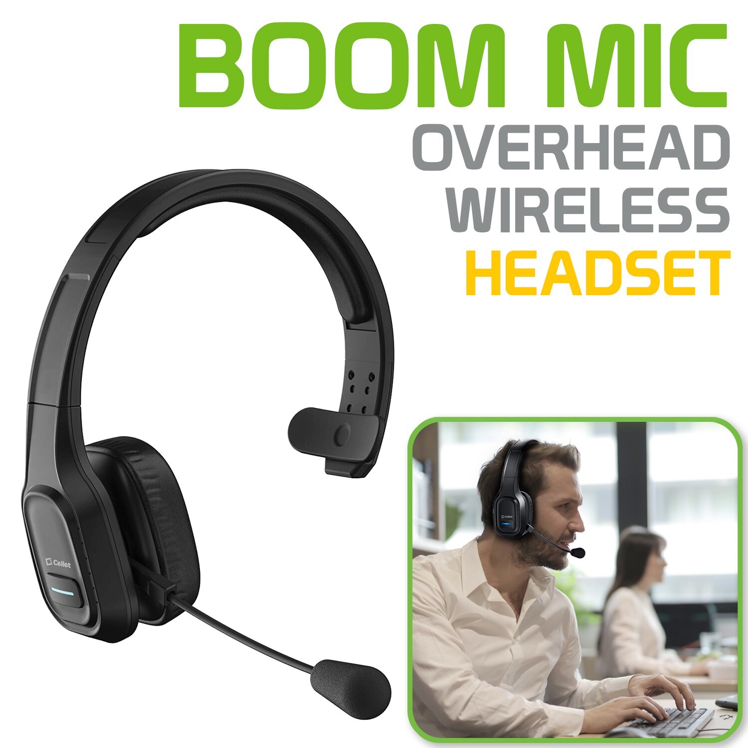 Noise Cancelling Overhead Wireless Headset with Boom Microphone